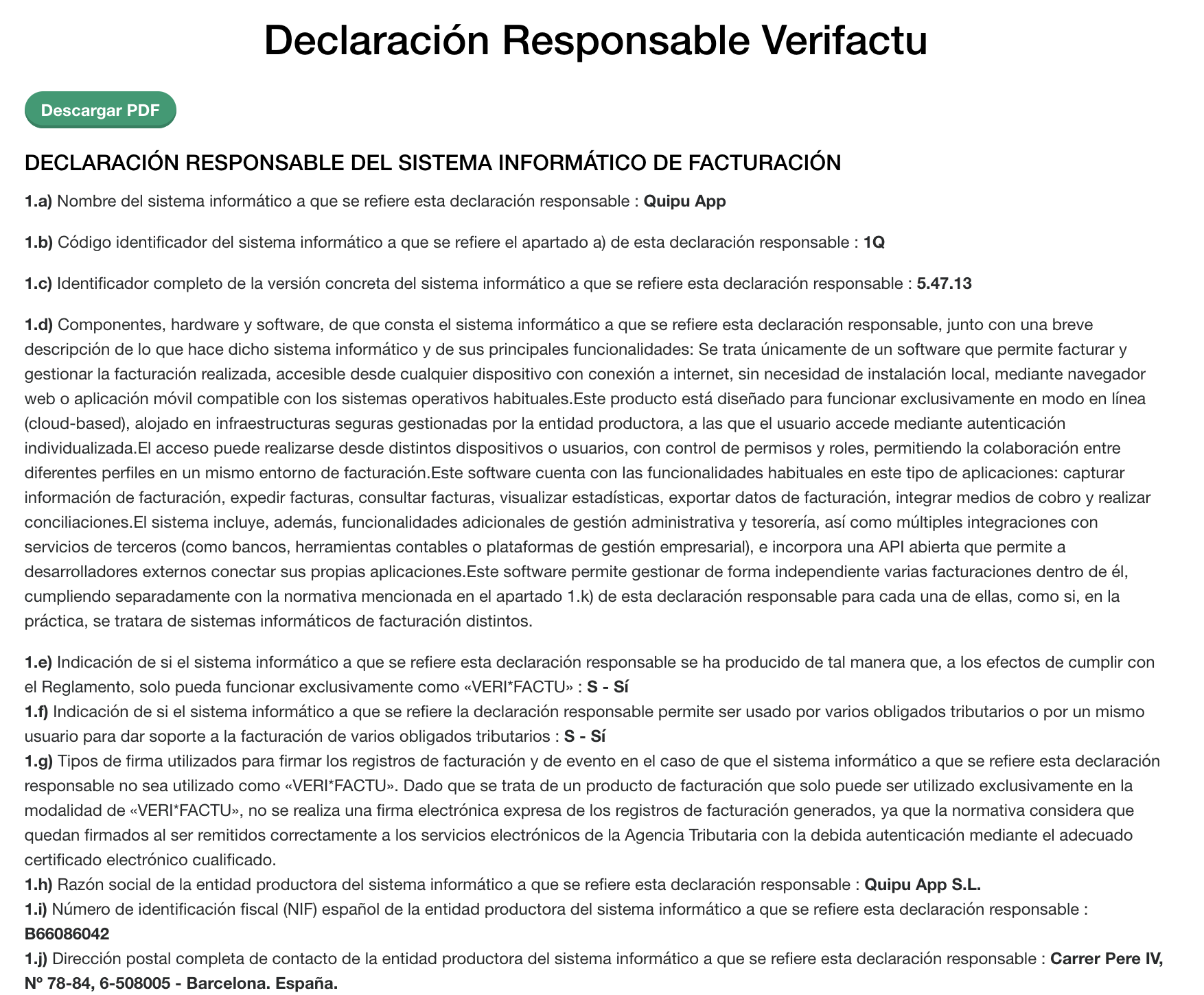 Declaración responsable Verifactu de Quipu App, con su versión y la indicación de que funciona exclusivamente en modo VERI*FACTU
