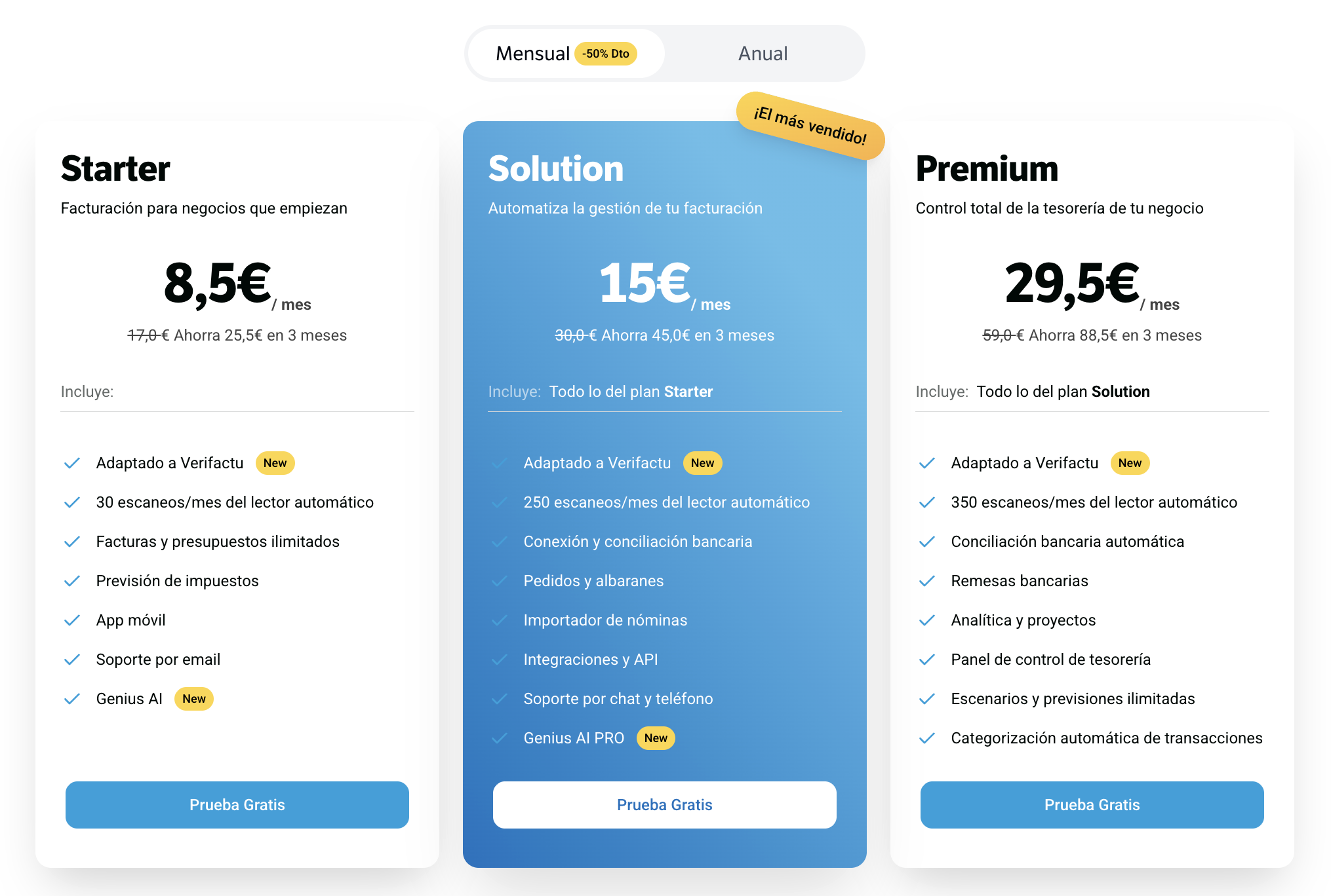 Planes de Quipu (Starter, Solution y Premium) con el precio mensual y la etiqueta Adaptado a Verifactu en los tres